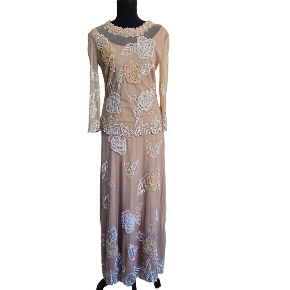 FRANK USHER Vtg Beaded Sequin Mesh Gown Nude Floral 2-Piece US 8 HoCo Homecoming